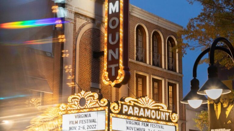 Paramount Theater marquee in Virginia, advertising the Virginia Film Festival Nov 2-6, 2022.