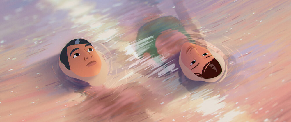 Two people float in water, heads visible above the surface, in a stylized, dreamlike scene.