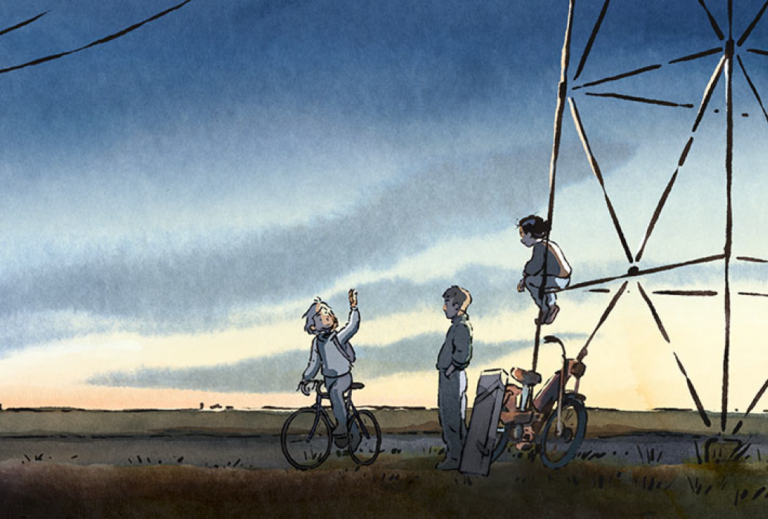 Children near power lines, one on a bicycle, at sunset.