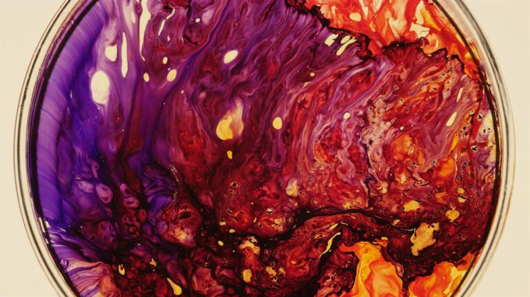 Abstract swirling purple, red, and yellow paint in a petri dish