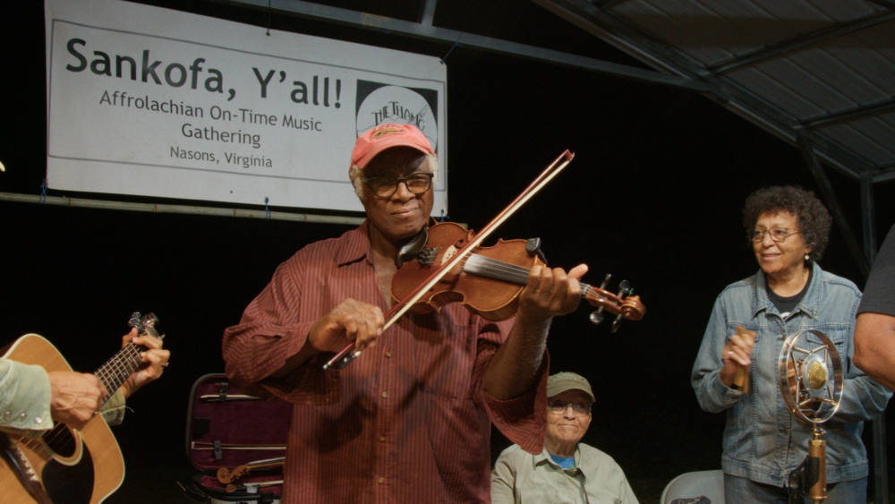 Black fiddler plays at Sankofa, Y'all! music gathering in Nasons, Virginia.