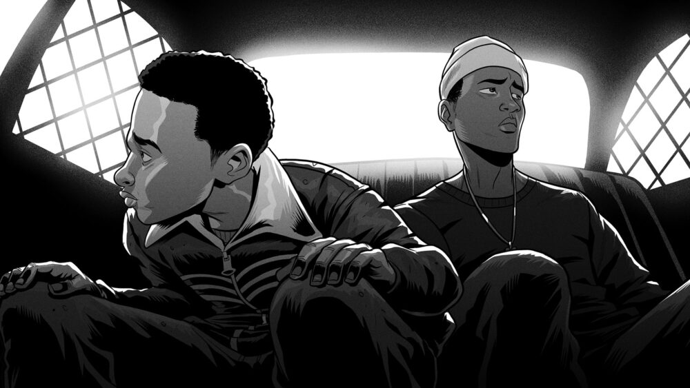 Two young Black men in a car, looking concerned, as if witnessing something.