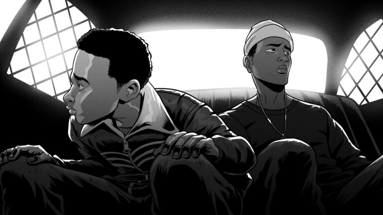 Two young Black men in a car, looking concerned, as if witnessing something.