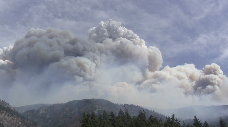 Massive wildfire smoke plume rising above forested mountains