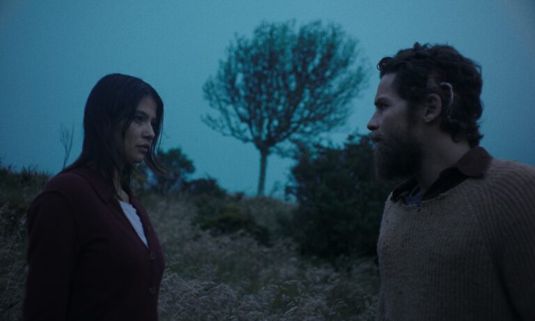 Man and woman in a misty landscape, a lone tree in the background