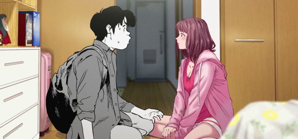Anime couple, a shy boy and a blushing girl, in a bedroom, Cherry and Virgin.