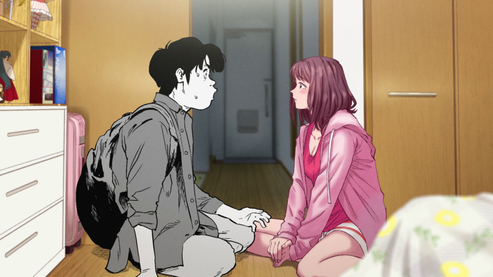 Young couple, Cherry and Virgin, sitting on floor, looking at each other