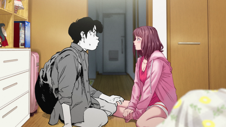 Young couple, Cherry and Virgin, sitting on floor, looking at each other