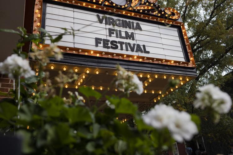 Virginia Film Festival marquee with white flowers in foreground