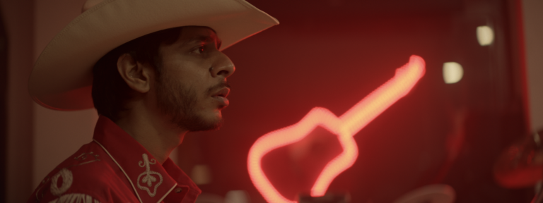 GETAR HERO: Man in cowboy hat and red shirt illuminated by red guitar neon sign