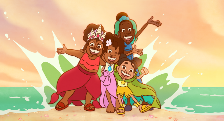 Julián and friends in colorful outfits celebrating at the beach with splashing water.
