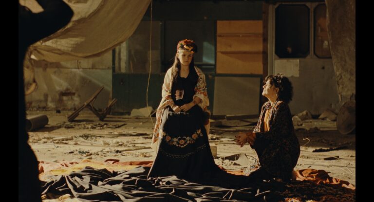 Nina Roza: Woman in ornate dress and flower crown kneels before seated woman.