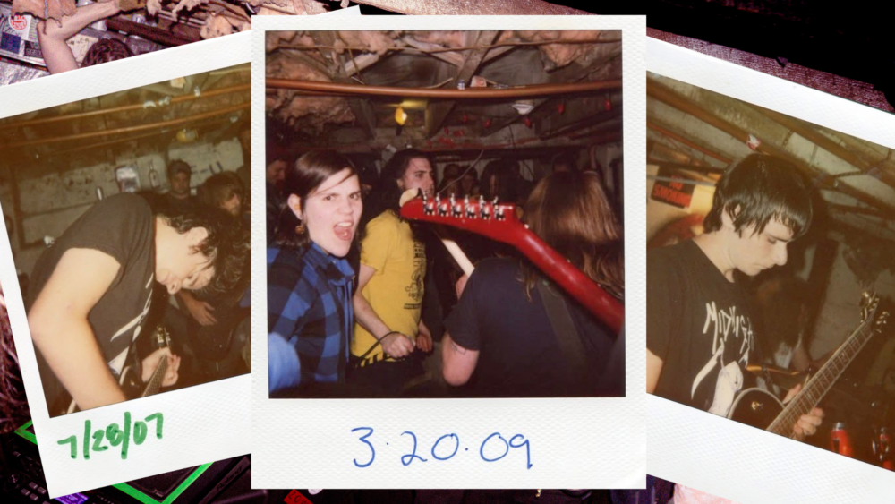 Three polaroid photos of young people at a punk rock concert in a basement