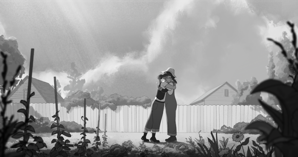 Two people hugging in a garden with a fence and houses in the background