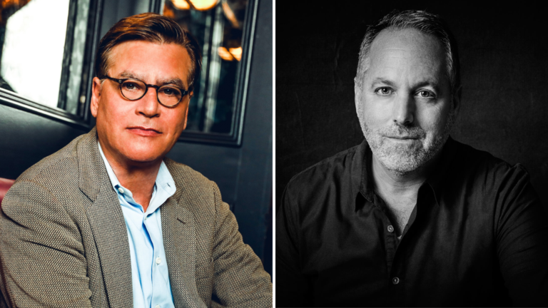 Two men, Aaron Sorkin and another man, in a split image