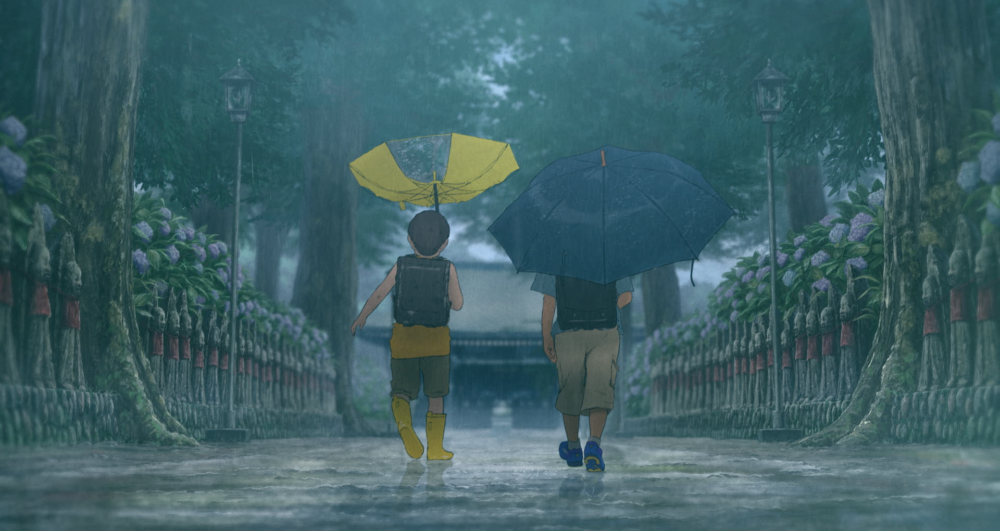 Two boys on a seesaw under a tree, with a house in the background.
