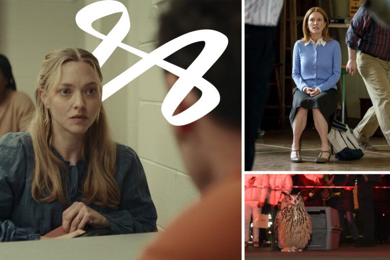 Amanda Seyfried in a blue shirt, woman in blue cardigan, and an owl