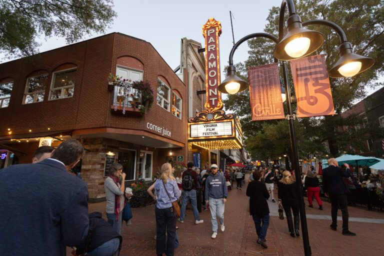 Paramount theater marquee for Virginia Film Festival with crowds on street